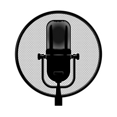 Black illustration of a microphone in a round frame with no background.