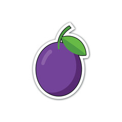 Vibrant purple plum with green leaf sticker design fresh fruit icon isolated