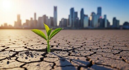 Fototapeta premium Green sprout grows from dry cracked earth with city skyline background