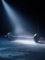 Dramatic Spotlight Illuminates Barbell on Textured Floor, Evoking Strength and Determination.