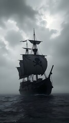 silhouette of pirate ship with skull flag sailing through misty ocean waters