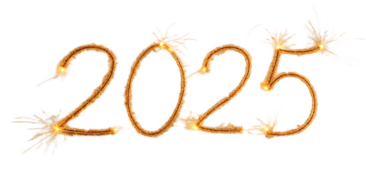 Golden new year date of twenty twenty five with sparkling lights on a plain black background view