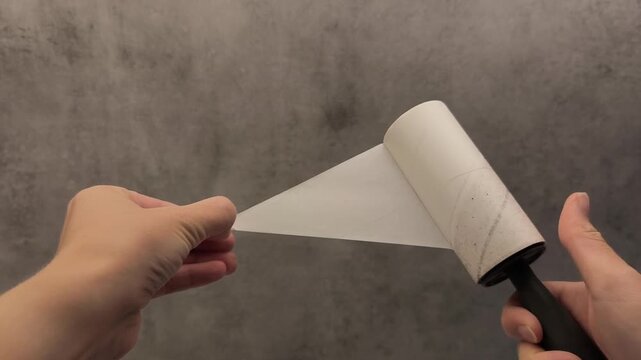 Hand demonstrates the action of unrolling a lint roller, revealing adhesive sheets for effective cleaning, showcasing the practical use of this household tool