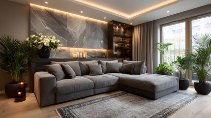 minimal living room with smart lighting empty sofa neutral tones clean interior