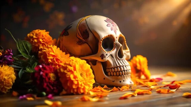 Decorated skull surrounded by vibrant orange and maroon flowers
