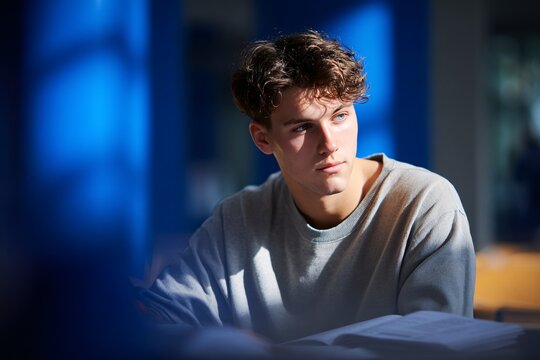 Focused Young Student Reflecting on Exam Results in Bright Classroom Setting