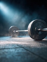 Dramatic Spotlight Illuminates Heavy Barbell on Gritty Gym Floor Amidst Haze, Symbolizing Strength and Determination.