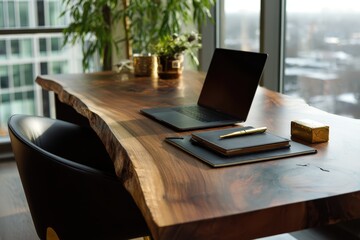 Naklejka premium Modern Workspace with Wooden Desk, Laptop, Notepads, and Gold Accessories in Bright Office