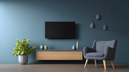 Modern living room interior with stylish furniture, decorative plants, and soothing color palette