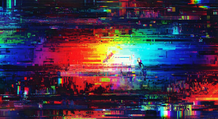 Vibrant abstract glitch art with modern digital aesthetic, perfect for tech backdrops or futuristic designs, dynamic and eye catching for creative projects