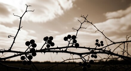 Thorny branches with berries silhouetted against a cloudy sky