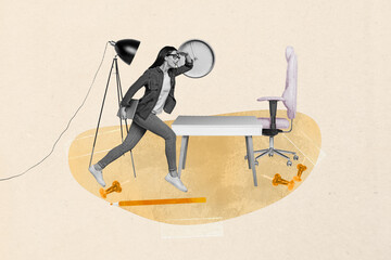 Creative full art image collage of happy businesswoman stand office room time deadline clock table...