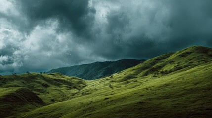 Dramatic Storm Clouds Loom Over Verdant, Rolling Hills Under Moody, Atmospheric Light.