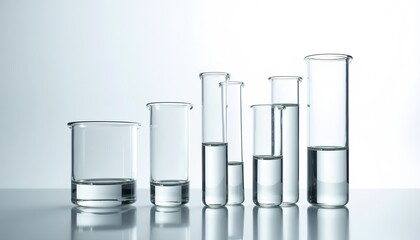 Clear glass beakers and test tubes with liquid arranged neatly on a sleek surface