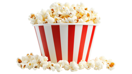 Popcorn bucket with scattered kernels isolated on a transparent background
