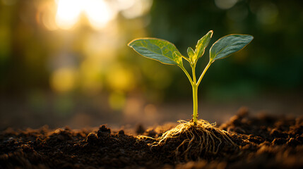 Young green plant emerging from rich soil with sunlight illuminating the background environment