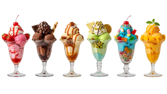 Ice cream scoop ball on transparent background cutout, colorful ice cream scoop in bow, top view. PNG file. Many assorted different flavour Mockup template for artwork design.	