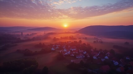 Rural village valley at sunrise with morning fog