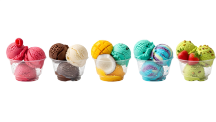 Ice cream scoop ball on transparent background cutout, colorful ice cream scoop in bow, top view. PNG file. Many assorted different flavour Mockup template for artwork design.	