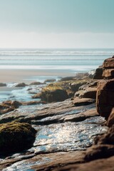Coastal Rocky Shoreline at Sunrise - Serene Ocean View, Textured Rocks, Calm Waters.