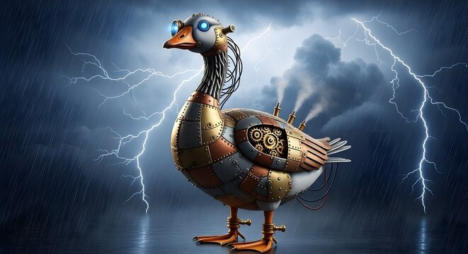 Steampunk Goose Frankenstein Illustration – Halloween Horror Monster Bird with Metal Plates and Bolts, Lightning Storm Background, Spooky Gothic Vector Art