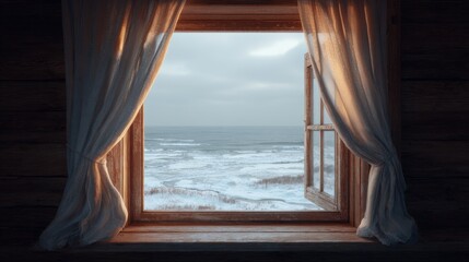 Cozy Window View - Turbulent Ocean Waves Under Overcast Sky, Curtains Gently Flowing.