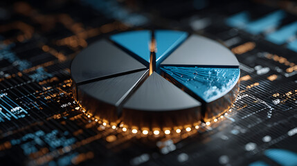 3D pie chart with blue segments on digital grid background, representing data visualization and analytics. glowing effect adds modern touch, enhancing visual appeal of statistical information