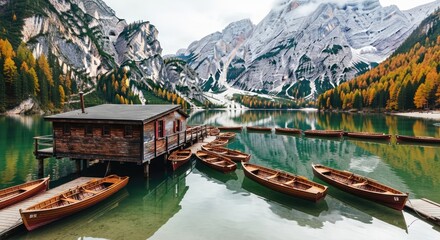 Fototapeta premium Mountain lake with boathouse and rowboats serene autumn landscape