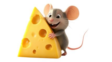 Mouse's cheesy delight: An endearing mouse, radiates joy as it embraces a triangle of swiss cheese, a symbol of happiness and contentment.