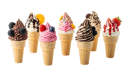 Ice cream cones on isolated background. Generative AI, collection of delicious ice cream in waffle cone, isolated on transparent background cutout, png different flavors mockup for design	
