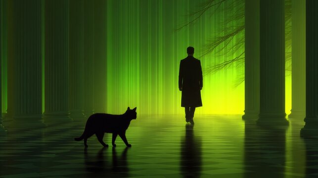 Mysterious Figure and Cat in Green-Glowing Hallway with Vintage Columns - Powered by Adobe