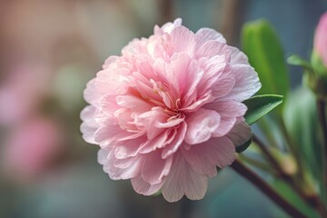 Delicate Pink Camellia Blossom in Soft Focus, Close-Up, Natural Light, Botanical Beauty.