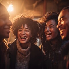 Group of diverse young adults enjoying laughter and a moment of shared joy.