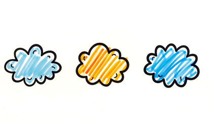 Obraz premium Three vibrant hand-drawn marker bubbles in blue and orange, featuring thick outlines and a playful aesthetic on a white background.