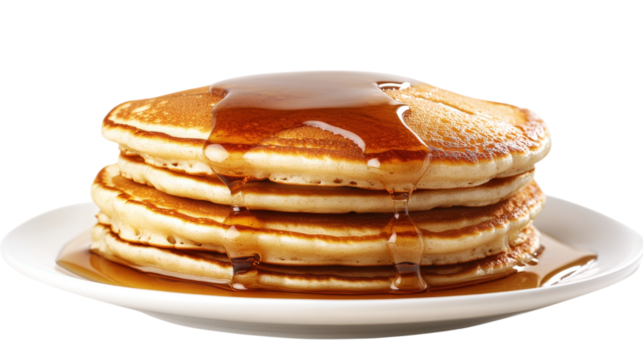 Stack of pancakes with dripping maple syrup isolated on a transparent background