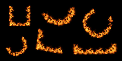 Geometric hot frames with flames of fire. collection of shapes and figures with flaming fire. Realistic vector illustration