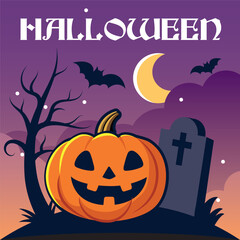 Vector illustration of a Halloween pumpkin placed in a graveyard under the full moon with bats flying around. Perfect for spooky postcards, party invitations, posters, and seasonal holiday decorations