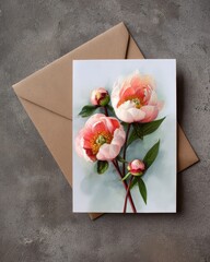 Delicate Pink Peonies Adorn a Greeting Card Resting on a Kraft Envelope.