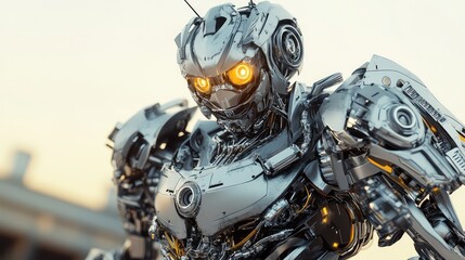 Fototapeta premium Robot face glowing eyes looking forward