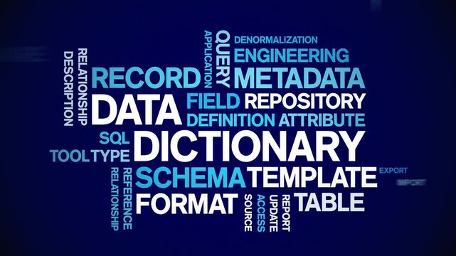 Data Dictionary animated word cloud-text design animation tag kinetic typography seamless loop.