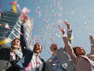 Excited individuals celebrate, arms raised, surrounded by colorful confetti in a joyous moment against a bright blue sky, with a modern building visible in the background, conveying feelings of...