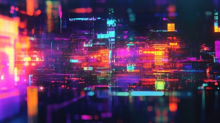 Fototapeta premium Abstract digital cityscape glowing with vibrant neon lights