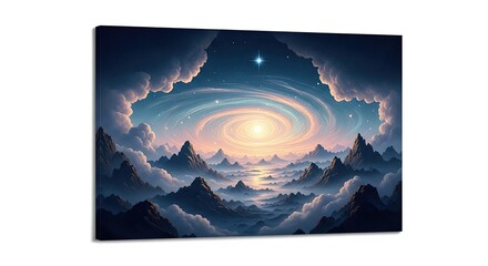 Fantasy landscape with swirling galaxy and illuminated peaks
