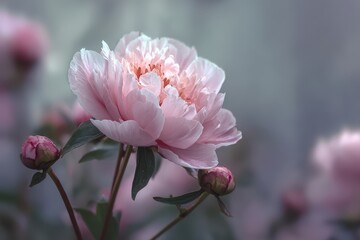 Delicate Pink Peony Bloom with Buds, Soft Focus, Dreamy Floral Portrait.
