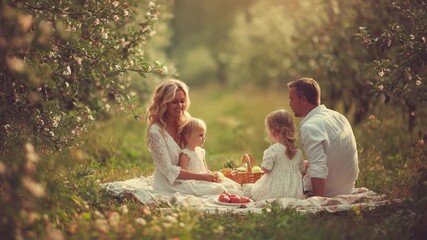 A Family Picnic in a Blooming Orchard: Cherishing Moments Together Amidst Nature's Beauty with Laughter and Love