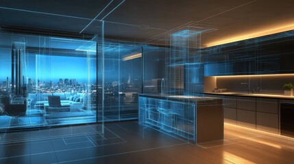 Architecture blueprint overlaying modern smart home kitchen design