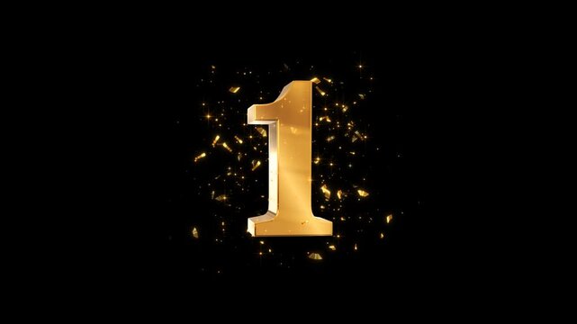 number one gold 3d text with golden confetti and shiny star glitter alpha channel animation, birthday anniversary party and winner celebration motion design element