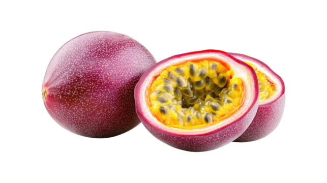 Whole and cut passion fruit isolated on a transparent background