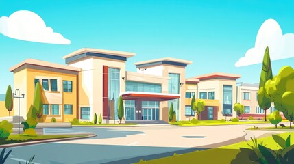 Modern school building exterior in sunny day