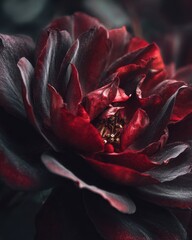 Dramatic Close-Up of a Dark Red Rose, Moody Lighting, Artistic Floral Study.